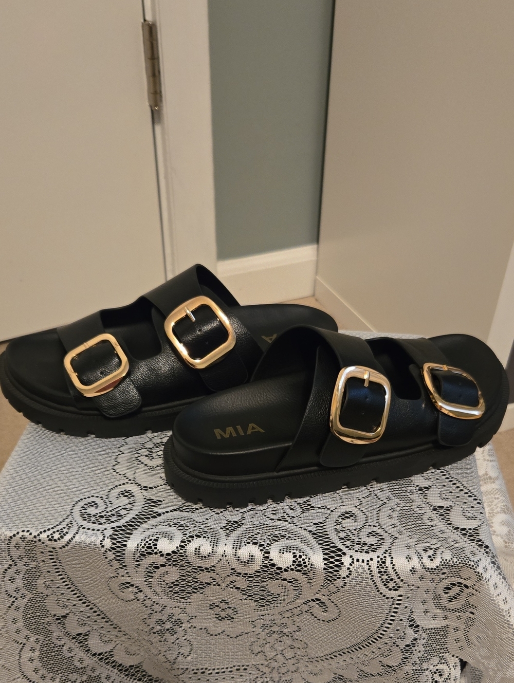 Black Double Buckle Slide Sandals with Gold Hardware - Picture 2 of 4